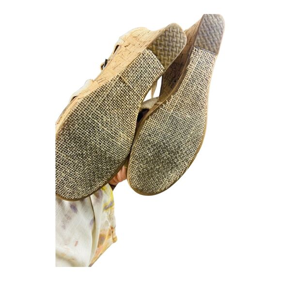 Toms Women's Tan High Heel Canvas Open Toe Cork Wedge Sandals W10 - Picture 8 of 10